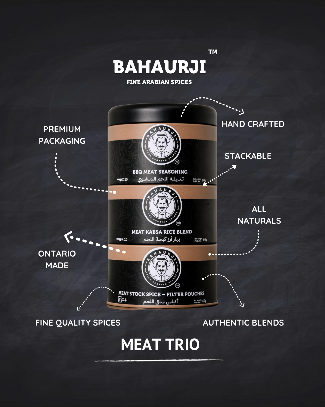 Bahaurji spice blend packaging with features on a dark background